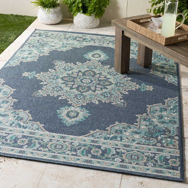 Livabliss Alfresco Outdoor Square Rug Weather Resistant Olefin Patio Deck Traditional Pattern Navy, Pale Blue 8'10" x 12'10" ALF9670-89129