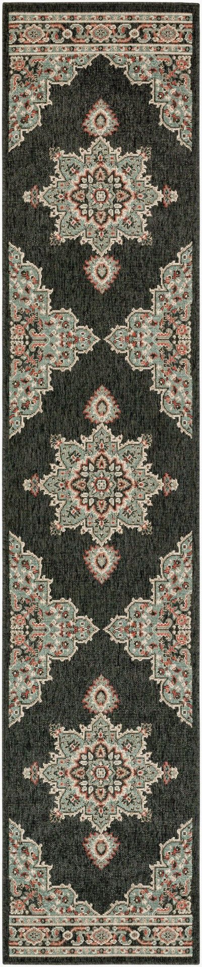 Livabliss Alfresco Olefin Runner Rug Outdoor Patio Traditional Pattern Uv Resistant Low Pile Black, Sage 2'5" x 11'10" ALF9671-23119