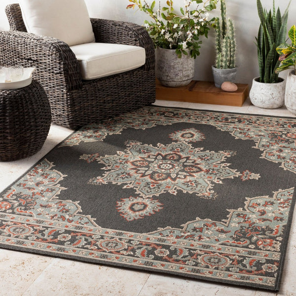 Livabliss Alfresco Olefin Runner Rug Outdoor Patio Traditional Pattern Uv Resistant Low Pile Black, Sage 8'10" x 8'10" ALF9671-89RD
