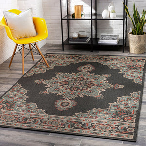 Livabliss Alfresco Olefin Runner Rug Outdoor Patio Traditional Pattern Uv Resistant Low Pile Black, Sage 8'10" x 12'10" ALF9671-89129