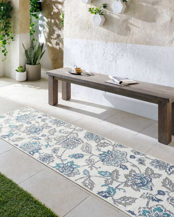 Livabliss Alfresco Flatweave Olefin Area Rug Cottage Style for Patio Sunroom or Living Space Pale Blue, Taup 8'10" x 8'10" Round ALF9674-89RD