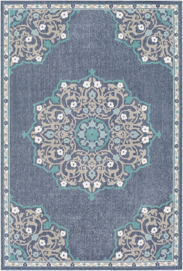 Livabliss Alfresco Square Outdoor Rug Olefin Woven Traditional Patio Deck Uv Resistant Low Pile Navy, Taupe 8'10" x 12'10" ALF9678-89129