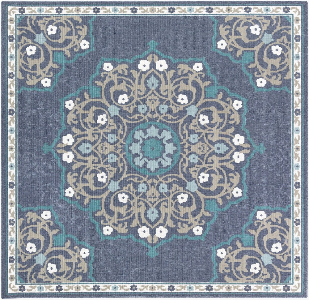 Livabliss Alfresco Square Outdoor Rug Olefin Woven Traditional Patio Deck Uv Resistant Low Pile Navy, Taupe 8'10" x 8'10" ALF9678-89SQ