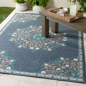 Livabliss Alfresco Square Outdoor Rug Olefin Woven Traditional Patio Deck Uv Resistant Low Pile Navy, Taupe 5'3" x 5'3" ALF9678-53RD