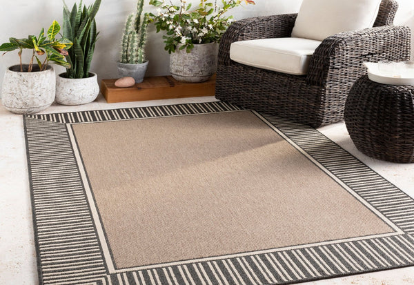 Livabliss Alfresco Flatweave Olefin Area Rug Cottage Style Indoor Outdoor Hose Clean Patio Brown, Black 8'10" x 8'10" Round ALF9684-89RD
