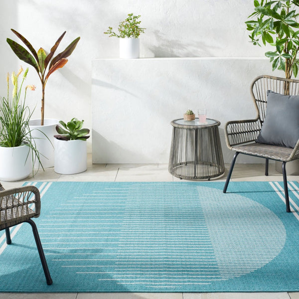 Livabliss Alfresco Outdoor Polypropylene Flatweave Runner Rug for Patio Deck and Porch Use Aqua, Ivory 7'3" x 7'3" ALF9691-73SQ