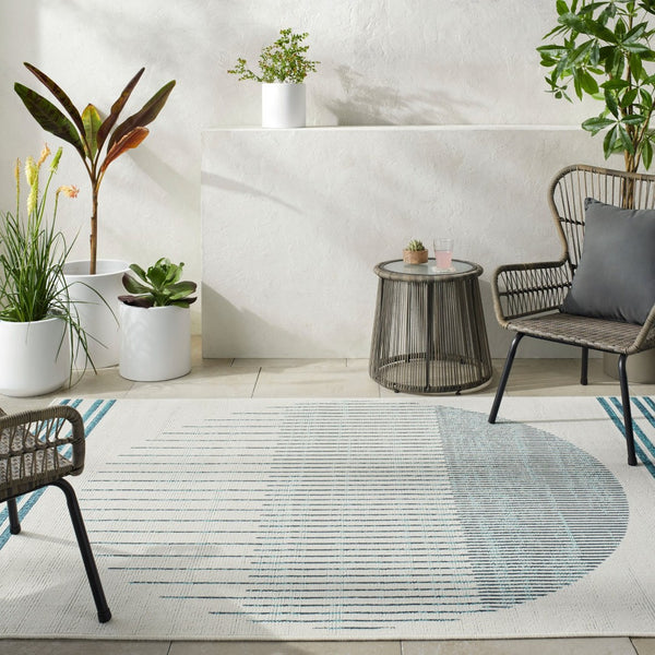 Livabliss Alfresco Outdoor Polypropylene Flatweave Runner Rug for Patio Porch and Walkway Use Ivory, Teal 7'3" x 7'3" Square ALF9692-73SQ