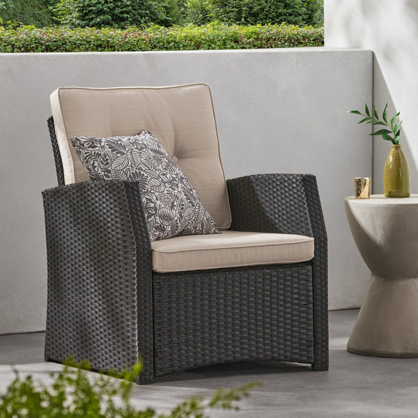 English Elm Christopher Knight Home® - ST MARTA SINGLE SOFA Dark Brown PE Rattan Outdoor Armchair with Iron Frame and Waterproof Cushion Comfort 57723.00DBRN