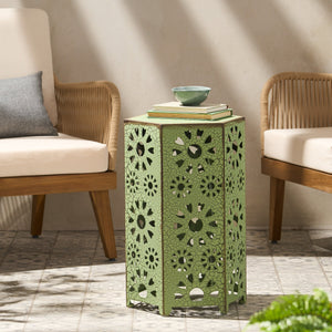 English Elm Galore Iron Patio Side Table with Sunburst Cutout and Crackle Finish for Outdoor Lounging Green 60815.00CGRN