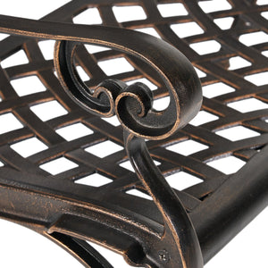 English Elm Spencer Cast Aluminum Outdoor Bench Antique Copper Finish Scrolled Arms Garden Patio 50327.00LVS