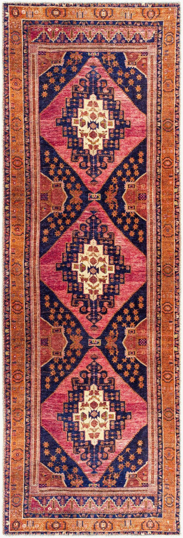 Livabliss Amelie Flatweave Chenille Area Rug Traditional Pattern for Entryways and Small Spaces Dark Blue, Rose 2'7" x 7'10" AML2347-27710