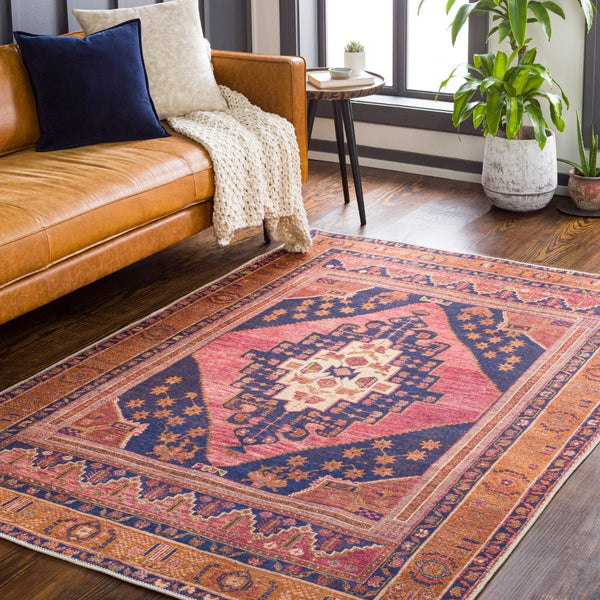 Livabliss Amelie Flatweave Chenille Area Rug Traditional Pattern for Entryways and Small Spaces Dark Blue, Rose 2'7" x 7'10" AML2347-27710