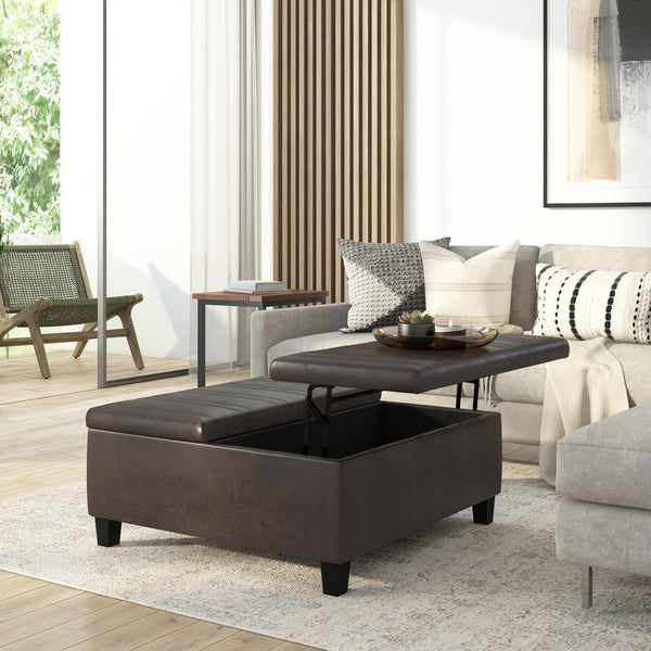 English Elm Ellis - Versatile Coffee Table Storage Ottoman In Distressed Brown Faux Leather For Modern Living B136P159159