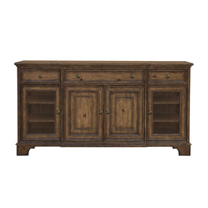 Revival Row 3-Drawer Buffet with Cabinet Doors Brown with Village Lane Finish P348302 Pulaski Furniture