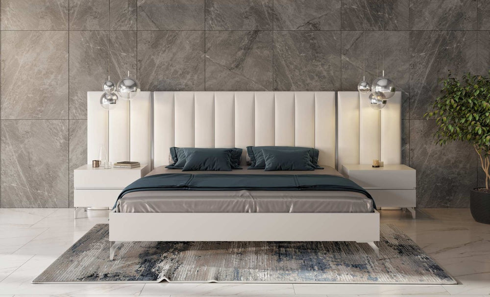 VIG Furniture Angela Eastern King Italian White Eco Leather Bed W/ Wings & 2 Nightstands, Stainless Accents, Slat Support VGACANGELA-SET-WINGS-EK