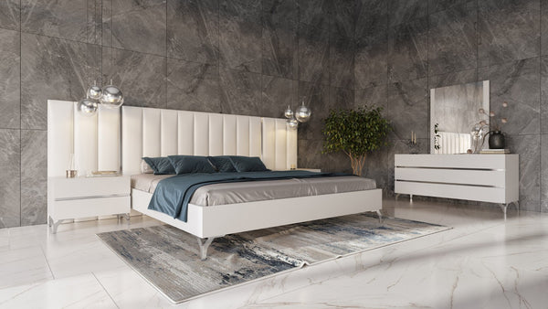 VIG Furniture Angela Italian Queen Eco Leather Bed Set With Nightstands, White Modern Design, Stainless Accents VGACANGELA-SET-WINGS-Q
