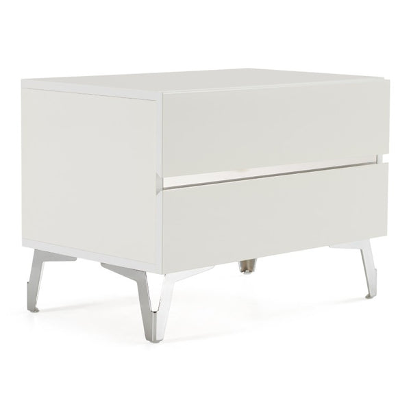 VIG Furniture Angela Italian Modern White Nightstand With High-Gloss Lacquer, Soft-Closing Drawers & Stainless Accents VGACANGELA-NS