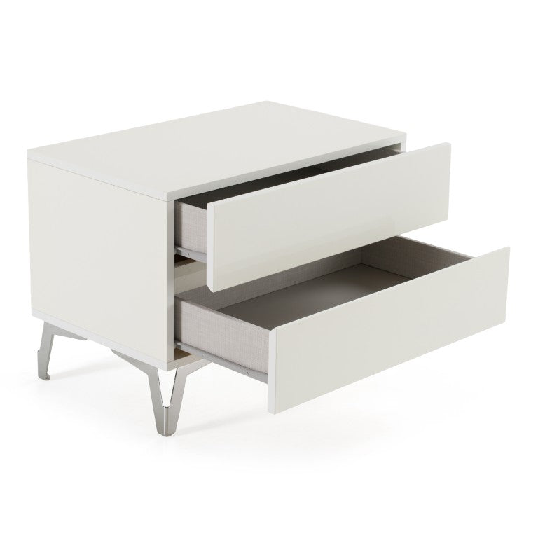 VIG Furniture Angela Italian Modern White Nightstand With High-Gloss Lacquer, Soft-Closing Drawers & Stainless Accents VGACANGELA-NS
