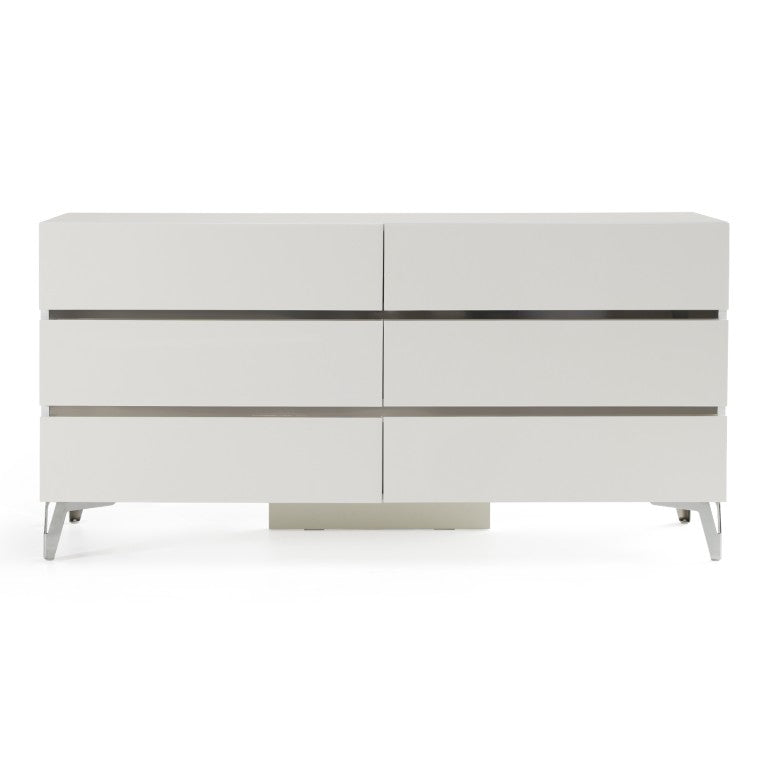 VIG Furniture Angela Italian Modern White Dresser With 6 Soft-Close Drawers, High-Gloss Lacquer & Stainless Accents VGACANGELA-DRS