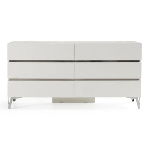 VIG Furniture Angela Italian Modern White Dresser With 6 Soft-Close Drawers, High-Gloss Lacquer & Stainless Accents VGACANGELA-DRS