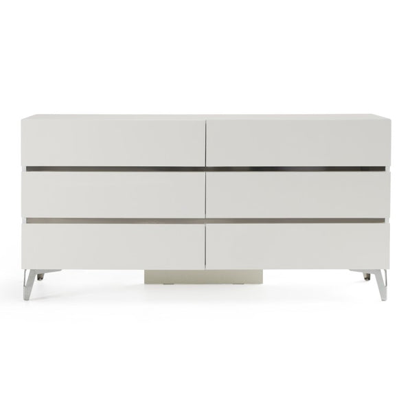 VIG Furniture Angela Italian Modern White Dresser With 6 Soft-Close Drawers, High-Gloss Lacquer & Stainless Accents VGACANGELA-DRS