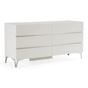 VIG Furniture Angela Italian Modern White Dresser With 6 Soft-Close Drawers, High-Gloss Lacquer & Stainless Accents VGACANGELA-DRS