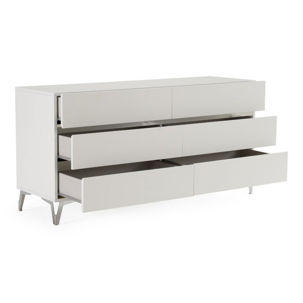 VIG Furniture Angela Italian Modern White Dresser With 6 Soft-Close Drawers, High-Gloss Lacquer & Stainless Accents VGACANGELA-DRS