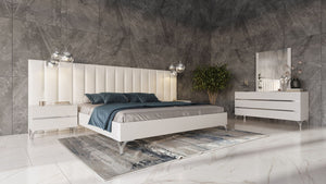 VIG Furniture Angela Eastern King Italian White Eco Leather Bed W/ Wings & 2 Nightstands, Stainless Accents, Slat Support VGACANGELA-SET-WINGS-EK