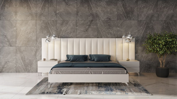 VIG Furniture Angela Italian Queen Eco Leather Bed Set With Nightstands, White Modern Design, Stainless Accents VGACANGELA-SET-WINGS-Q