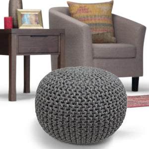 English Elm Nikki Hand-Knit Round Pouf Ottoman with Supportive Bead Fill, Versatile Accent Seat for Living Spaces Gray B136P159335