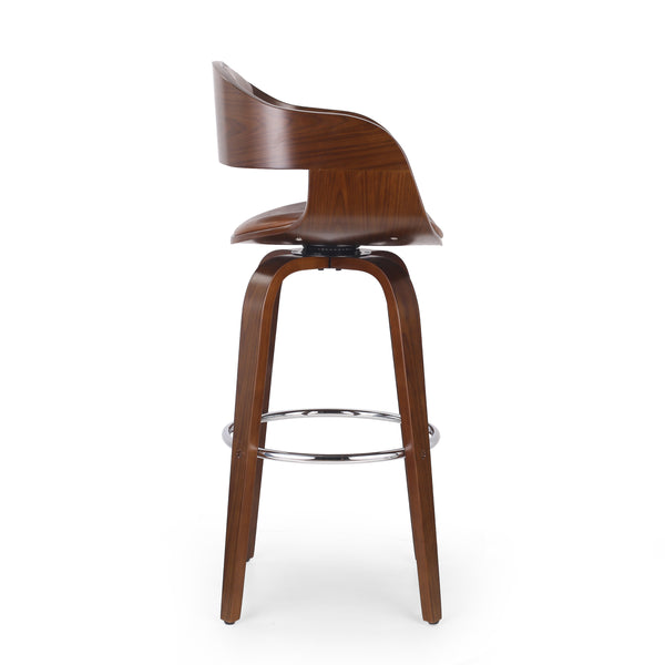 English Elm Christopher Knight Home® - BAR STOOL Mid-Century Modern Faux Leather Swivel with Walnut Veneer Frame and Chrome Footrest Brown 67494.00PUCOGN