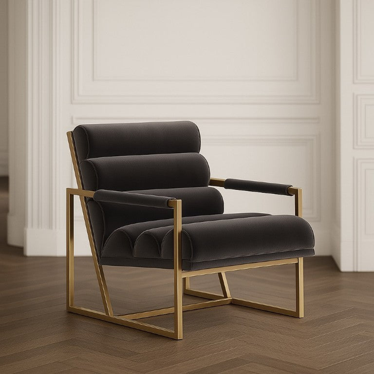VIG Furniture Anton Modern Grey Velvet Accent Chair With Brass Frame, Corduroy Texture, 450Lb Capacity, Luxe Comfort VGMY-2749-GRY