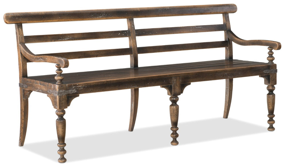 Hooker Furniture Hill Country Helotes Dining Bench — Timeworn Saddle Brown Farmhouse Bench, Slat Back & Turned Legs, Seats 3 5960-75315-BRN