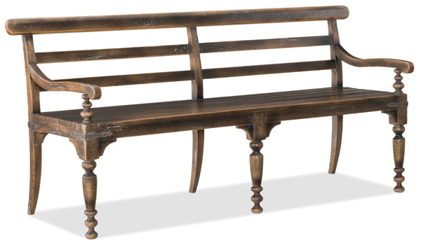 Hooker Furniture Hill Country Helotes Dining Bench — Timeworn Saddle Brown Farmhouse Bench, Slat Back & Turned Legs, Seats 3 5960-75315-BRN
