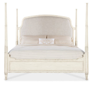 Hooker Furniture Americana Queen Upholstered Poster Bed With Cream Headboard, Molasses Oak Finish, Distressed Charm 88.00 L x 82.00W x 75.75H 7050-90666-02