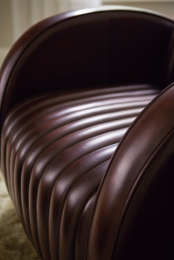 Hooker Furniture Banks Vortex Leather Chair With Channeled Cushioning, Rounded Track Arms & Dark Wood Sled Base, Luxe Art Deco Flair CC801-088