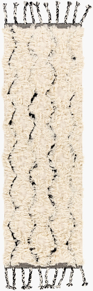 Livabliss Apache Handwoven Wool Rug with Moroccan Pattern Fringed Edges for Bohemian Entryways Cream, Black 2'6" x 8' APA2300-268