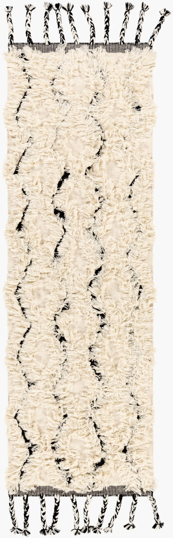 Livabliss Apache Handwoven Wool Rug with Moroccan Pattern Fringed Edges for Bohemian Entryways Cream, Black 2'6" x 8' APA2300-268