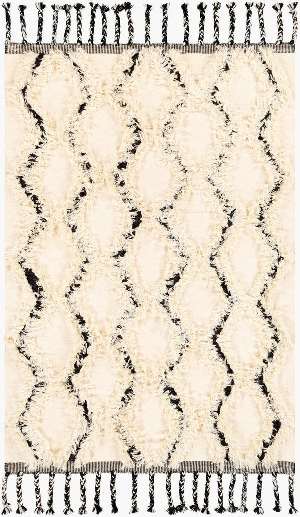 Livabliss Apache Handwoven Wool Rug with Moroccan Pattern Fringed Edges for Bohemian Entryways Cream, Black 2' x 3' APA2300-23