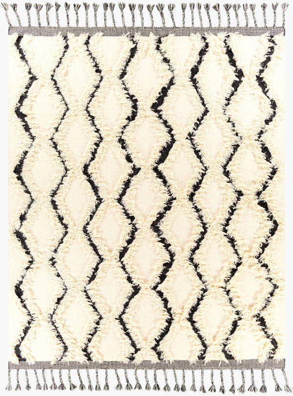 Livabliss Apache Handwoven Wool Rug with Moroccan Pattern Fringed Edges for Bohemian Entryways Cream, Black 8' x 10' APA2300-810