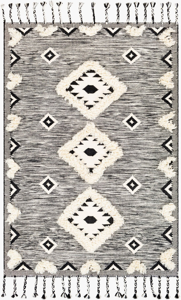 Livabliss Apache Moroccan Inspired Handwoven Wool Accent Rug with Fringe for Entryway Decor Black, Cream 5' x 7'6" APA2302-576