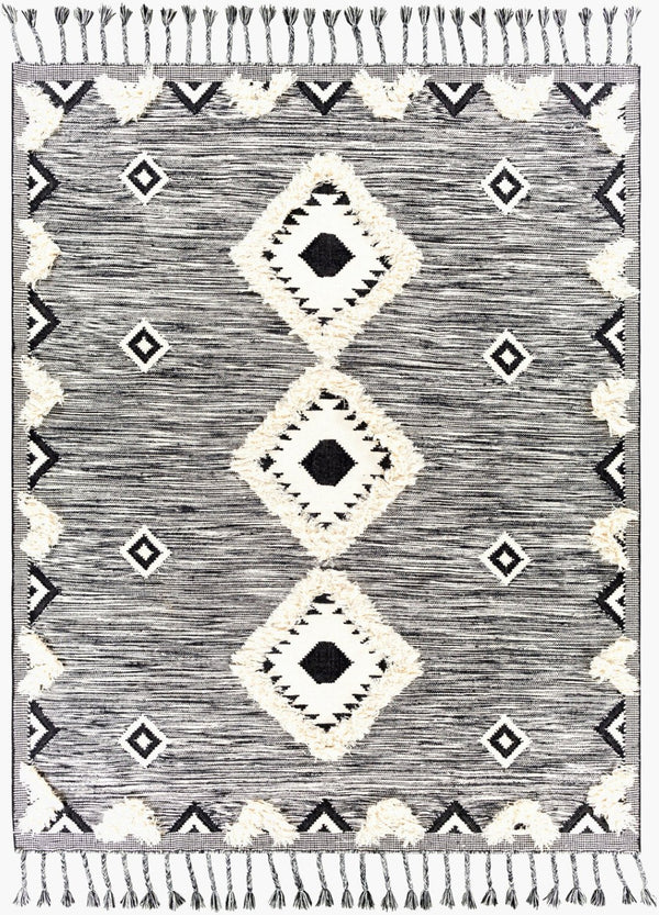 Livabliss Apache Moroccan Inspired Handwoven Wool Accent Rug with Fringe for Entryway Decor Black, Cream 8' x 10' APA2302-810