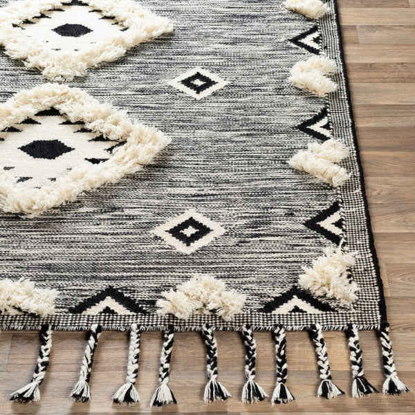 Livabliss Apache Moroccan Inspired Handwoven Wool Accent Rug with Fringe for Entryway Decor Black, Cream 8' x 10' APA2302-810