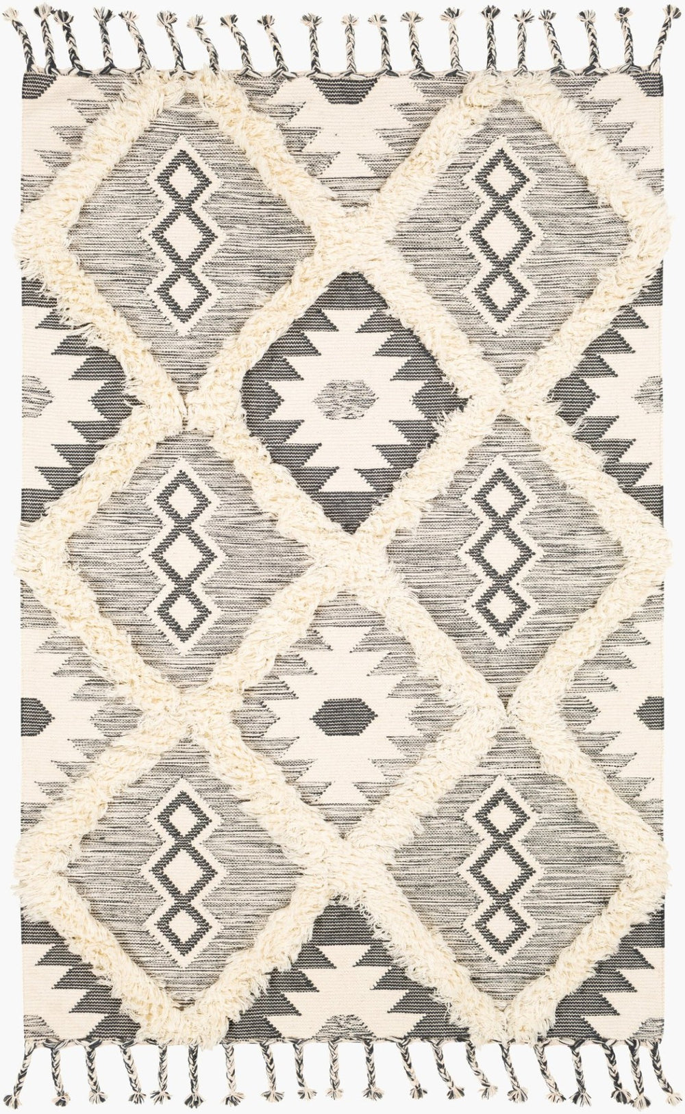 Livabliss Apache Handwoven Wool Accent Rug with Moroccan Geometry Artisan Fringe for Entryways Charcoal, Ivory 6' x 9' APA2305-69