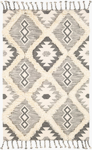 Livabliss Apache Handwoven Wool Accent Rug with Moroccan Geometry Artisan Fringe for Entryways Charcoal, Ivory 6' x 9' APA2305-69