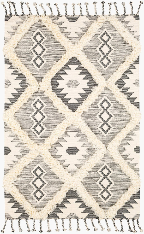 Livabliss Apache Handwoven Wool Accent Rug with Moroccan Geometry Artisan Fringe for Entryways Charcoal, Ivory 6' x 9' APA2305-69