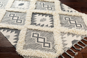 Livabliss Apache Handwoven Wool Accent Rug with Moroccan Geometry Artisan Fringe for Entryways Charcoal, Ivory 6' x 9' APA2305-69
