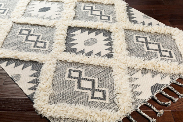 Livabliss Apache Handwoven Wool Accent Rug with Moroccan Geometry Artisan Fringe for Entryways Charcoal, Ivory 6' x 9' APA2305-69