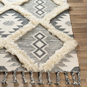 Livabliss Apache Handwoven Wool Accent Rug with Moroccan Geometry Artisan Fringe for Entryways Charcoal, Ivory 6' x 9' APA2305-69