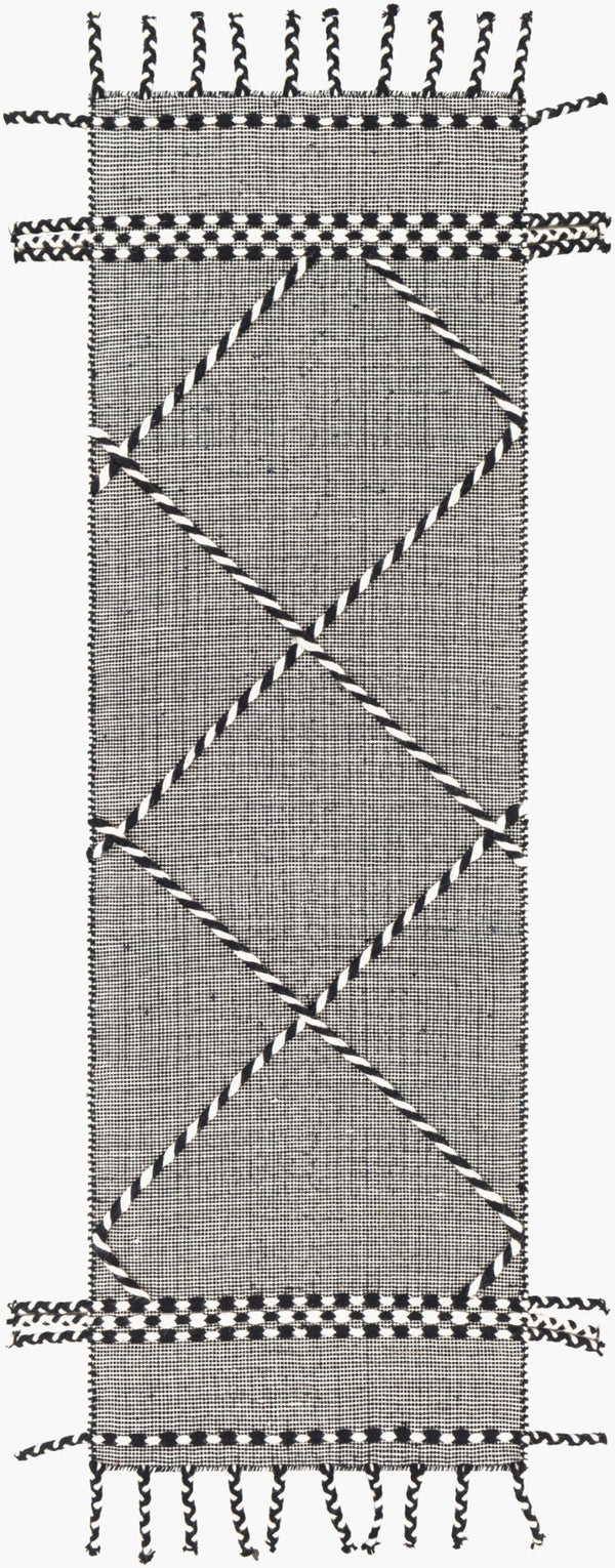 Livabliss Apache Handwoven Wool Flatweave Rug Moroccan Geometric Bohemian Fringe Accent Black, Cream 2'6" x 8' APA2306-268